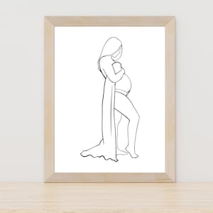 Ciąża Line Art, Sztuka ścienna w ciąży, Prezent dla ciężarnej mamy, Wydruk ciążowy, Prezent z ilustracją matki, Wydruk feministyczny, Sztuka rysowania linii kobiety