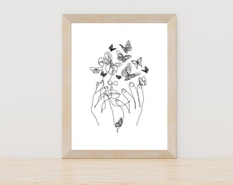 Woman with Butterfly Line Art Print, Abstract Face Line Art, Line Art Face, Line Drawing Butterfly, Female Art, One Line Drawing Art