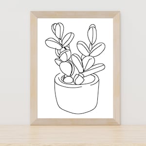Puede incluir: Un dibujo en blanco y negro de una planta en maceta con varias hojas. La planta está en una maceta redonda simple.