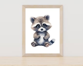 Könnte beinhalten: Eine Aquarell-Illustration eines niedlichen Waschbären, der mit gekreuzten Pfoten sitzt. Der Waschbär hat eine schwarze Maske um die Augen und einen buschigen Schwanz.