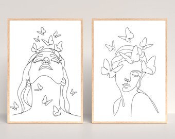 Set of 2 Women with Butterfly Line Art Prints, Line Drawing Set, One Line Drawing Prints, Abstract Woman Line Art, Minimal Wall Art Prints
