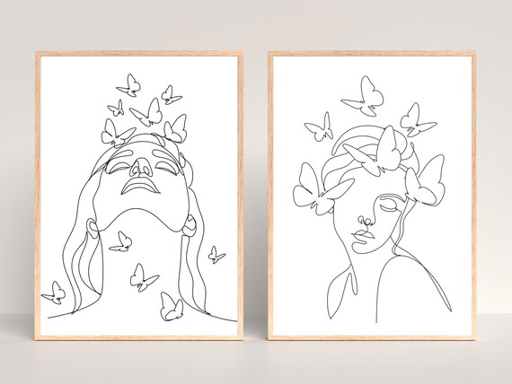 Set of 2 Women with Butterfly Line Art Prints, Line Drawing Set, One Line Drawing Prints, Abstract Woman Line Art, Minimal Wall Art Prints