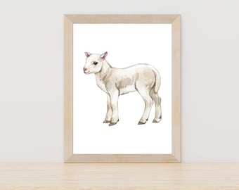 Lamb watercolor painting, lamb printable art, watercolor farm animal, digital lamb artwork, farm animal decor, baby lamb wall art, nursery