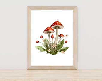 Rustic Mushroom watercolor wall print, cottage core mushroom decor, nature inspired watercolor art, hand painted botanical fungi artwork