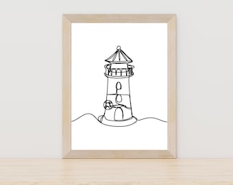 Lighthouse Line Art, Beach House Wall Decor, Lighthouse Sketch, Minimal Beach Wall Art, Travel Wall Art, Gift for Traveler, Drawing of Light