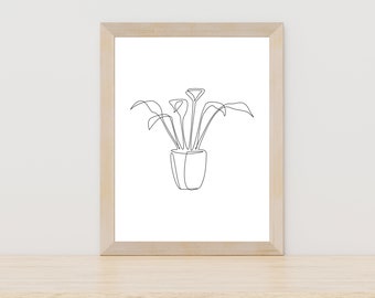 Plant Line Drawing, Botanical Wall Art, Tropical Leaves Print, Monstera Line Art, Plants Decor, Modern Room Decor, Black and White Leaf Art