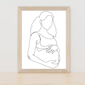 Ciąża, linia sztuki ciała, wydruk linii sztuki kobiety w ciąży, zarys kobiecej sylwetki brzucha w ciąży, prezent na dzień matki, wystrój baby shower, pokój dziecięcy