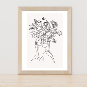 Woman with Flowers Line Art, Head of Flowers, Female Line Art, Floral Woman Line Art, Woman Line Drawing, Home Decor, Digital Download Art