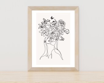 Woman with Flowers Line Art, Head of Flowers, Female Line Art, Floral Woman Line Art, Woman Line Drawing, Home Decor, Digital Download Art
