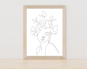 Woman Line Drawing, Butterfly Instant Download, Female Line Drawing, Woman Line Art, Flowers, Feminist Art, Minimalist Digital Art Print