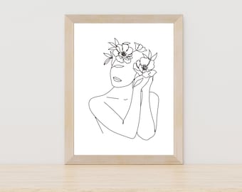 Woman Line Art Print with Flowers, Line Drawing Woman, Flower Naked Woman Line Art, Body Line Drawing, Abstract Woman Body Line Drawing Art
