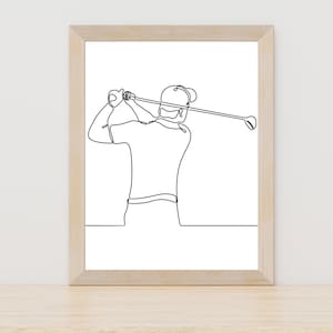 Golf Player Line Art Print, Golf Gift Printable, One Line Drawing, Downloadable prints, Golf Wall Art, Black and White, Man Cave Art Decor