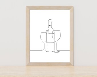 Arte em linha de impressão de vinho, impressão de bar, presente para amantes de vinho, barra de impressão mínima, amantes de bebidas, felicidades, arte de parede de cozinha, pôster de impressão de copo de vinho
