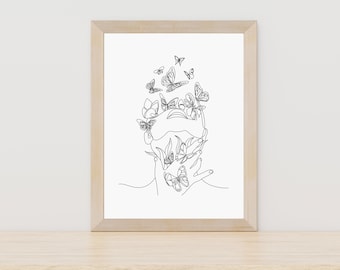 Women with Butterfly Line Art, Line Art Women Face, Printable Line Art, Digital Art, Minimalistic Line Art, Scandinavian Art, Butterfly Art