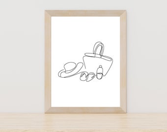 Arte em linha de férias na praia, decoração costeira minimalista, arte em linha de sacola de praia, desenho de verão, decoração de férias na praia, decoração de casa de praia, arte em linha