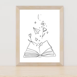 Bookish Print, Bookish Gifts, Book Wall Art, Book Lover Gift, Botanical Wall Art, Floral Print, Book Line Art Print, Reader Wall Artwork