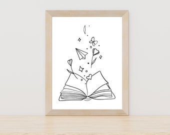 Bookish Print, Bookish Gifts, Book Wall Art, Book Lover Gift, Botanical Wall Art, Floral Print, Book Line Art Print, Reader Wall Artwork