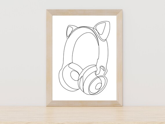 Cat Ears Headphones Line Art Anime Headphones Wall Art Furry