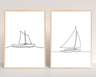 Sailboat Print Set of 2 Sailing Boat Digital Print Coastal Line Art Room Decor Sailing Print Sailing Poster Sailboat Photography Sailing Art