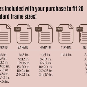 May include: A graphic showing 5 different file types, PNG, for 20 standard frame sizes. The sizes are listed in inches, including 4x6, 6x9, 8x12, 10x15, 12x18, 16x24, 20x30, and 24x36. The graphic also includes ISO standard sizes, including A5, A4, A3, A2, and A1.