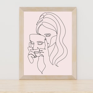 Woman with Mask Line Art, Female Line Art, Printable Wall Art, One Line Drawing, Abstract Woman Line Art, Line Art Woman Print, Female Art