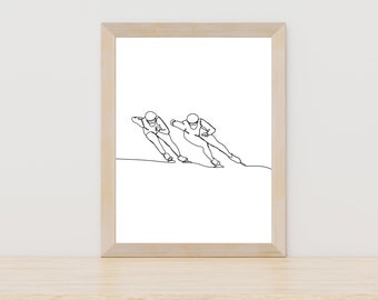 Two Men Speed Skating Line Art, Speed Skating Wall Decor,Winter Ice Skating Painting, Speed Skater Gift, Ice Rink Decor, Speed Skating Print