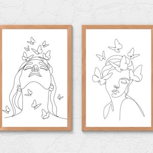 May include: Two black and white line drawings of a person's face with butterflies around their head. The person in the left image is looking up, while the person in the right image is looking down.