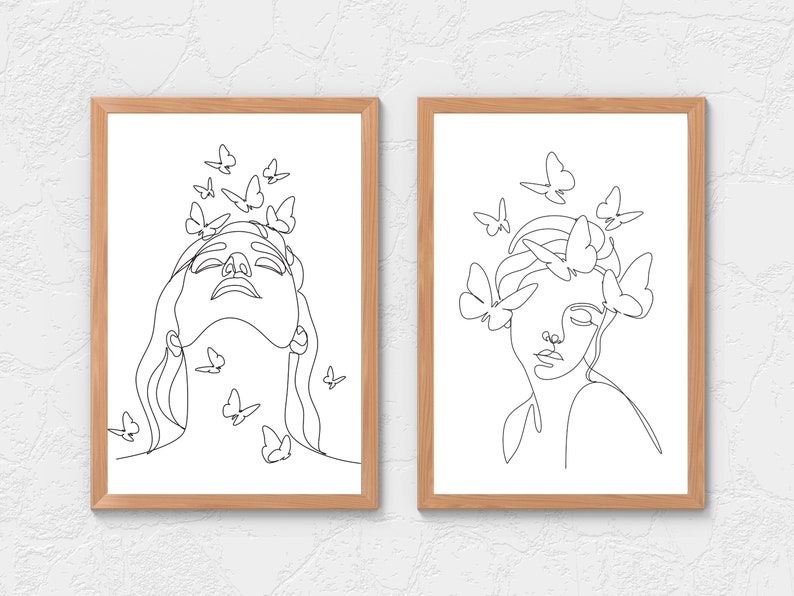 May include: Two black and white line drawings of a person's face with butterflies around their head. The person in the left image is looking up, while the person in the right image is looking down.