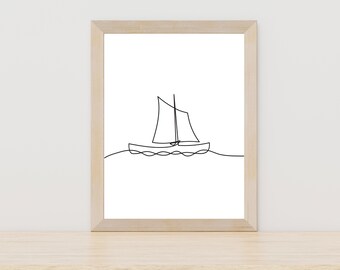 Sail Boat One Line Drawing Print Minimalist Sailing Boat Doddle Wall Decor Modern Boat Gallery Wall Art Sailing Instant Line Art Download