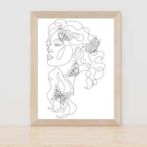 Curly Haired Woman Face with Butterfly Line Art Print, Female Art, Minimalist Wall Art, One Line Drawing Print, Luna Moth Line Drawing Art