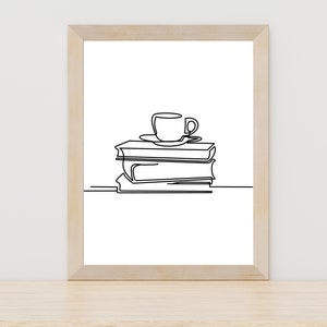 Book Line Art Bookish Print Bookish Gift Book Wall Art Coffee Line Art Kitchen Wall Art Botanical Wall Art Book Lover Gift Line Art Prints