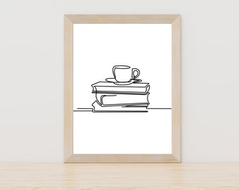 Buch Linie Kunst Bücherliebe Druck Bücherwurm Geschenk Buch Wandkunst Kaffee Linie Kunst Küchenwandkunst Botanische Wandkunst Buchliebhaber Geschenk Linie Kunstdrucke