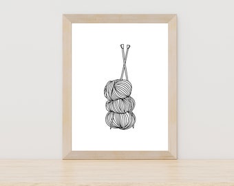 Ball of Yarn Knitting Line Art, Knitting Wall Art, Knitting Picture, Gift for Knitter, Knitting Lover, Craft Room Knitting, Hobby Wall Art