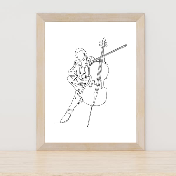 Minimalistische cello lijn kunst, orkest, muziek, muzikanten kunst, muziek muur decor, orkest kunst, muziek kunst aan de muur, man spelen cello kunst aan de muur