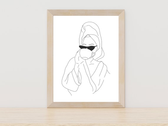 Woman in Towel Spa Line Art Coffee Wall Art Bathroom Wall Decor Spa Wall Art Woman Line Art Towel on Head Wall Art Relaxation Wall Art Decor