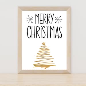 Merry Christmas Tree Line Art, Minimal Christmas Wall Art, Holiday Printable Wall Art, Modern Christmas Art Print, Christmas Tree Line Decor