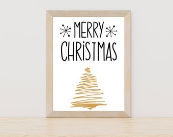 Merry Christmas Tree Line Art, Minimal Christmas Wall Art, Holiday Printable Wall Art, Modern Christmas Art Print, Christmas Tree Line Decor