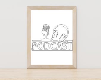 Impresión de arte lineal de podcast, arte mural de podcast digital, decoración minimalista de podcast moderna, ilustración artística de podcast, arte mural para amantes de los podcasts