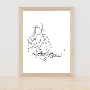 Female Saxophonist Line Art, Saxophone Music Poster, Musician Room Decor, Digital Print Home Decor, Saxophone Wall Art, Saxophone Art Poster