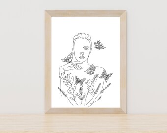 Floral Woman Line Art, Vrouw met Vlinders Line Art, Vrouwelijke Body Line Art, Minimalistische Bloemen Poster, Floral Woman Line Art, Vrouw Line Art