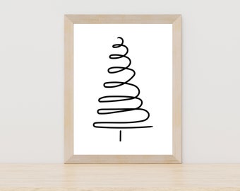Impresión mural de arte de línea de árbol de Navidad, arte de una línea de árbol de Navidad, decoración navideña, arte de pared navideña, imprimible de vacaciones minimalista, Navidad moderna