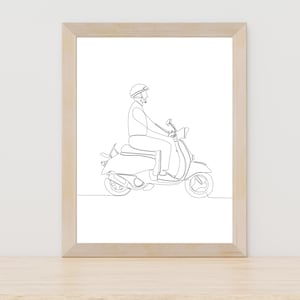 Moped line art, motorcycle art print, man riding moped, digital moped art, scooter line art, motorcycle wall art, modern line art, urban art