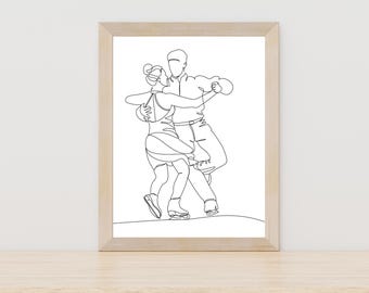 Figure Skaters Drawing, Ice Skating Sketch, Couple Line Art, Minimal Ice Skating Artwork, Sports One Line Art, Minimal Wall Decor, Ice Skate