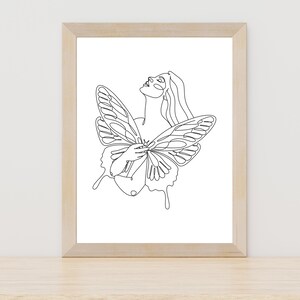 Woman with Butterfly Line Art, Butterfly Wall Art, Minimalist Decor Female Line Art, Feminist Line Art, Black and White Decor, Female Art