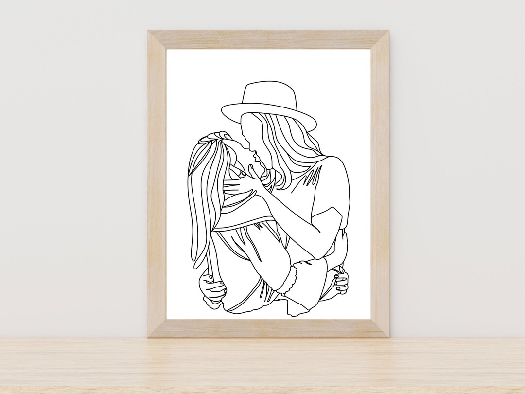 Two Girls Kissing Line Art, Lesbian Line Drawing, Pride Portrait
