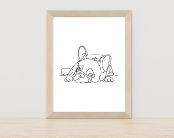 Puede incluir: Dibujo de línea de un bulldog francés acostado, en un estilo simple en blanco y negro.