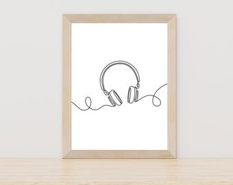 Headphones Poster Music Room Decor Headphones Wall Art Headphones Line Art Minimalist Wall Art Black and White Art Digital Printable Artwork