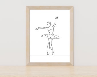 Arte de linha simples de dançarina de bailarina, arte de linha de figura de dançarina de balé, desenho de bailarina, dança de balé, figura feminina, impressão de pose de balé, arte de balé
