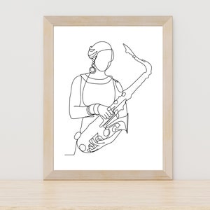 Female Saxophone Player Line Art, Minimalist Saxophone Poster, Music Print, Saxophonist Poster, Music Lover Gift, Musical Instrument Art