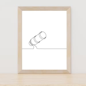 May include: A black and white line drawing of a telescope in a simple wooden frame.